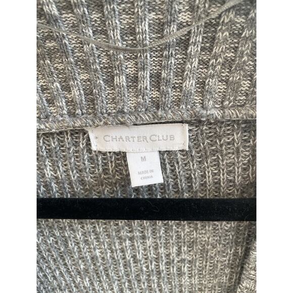 Charter Club Gray Knit Open Front Cardigan Silver Button Shoulder Cotton Blend M - Picture 3 of 6